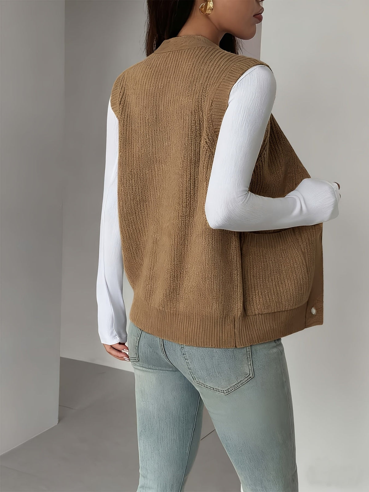 Buttoned V-Neck Knit Vest with Front Pockets and Relaxed Fit