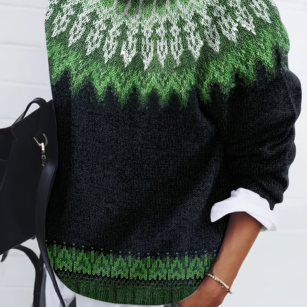 Chunky Jacquard Knit Sweater with Round Neck and Ribbed Cuffs, Hip Length