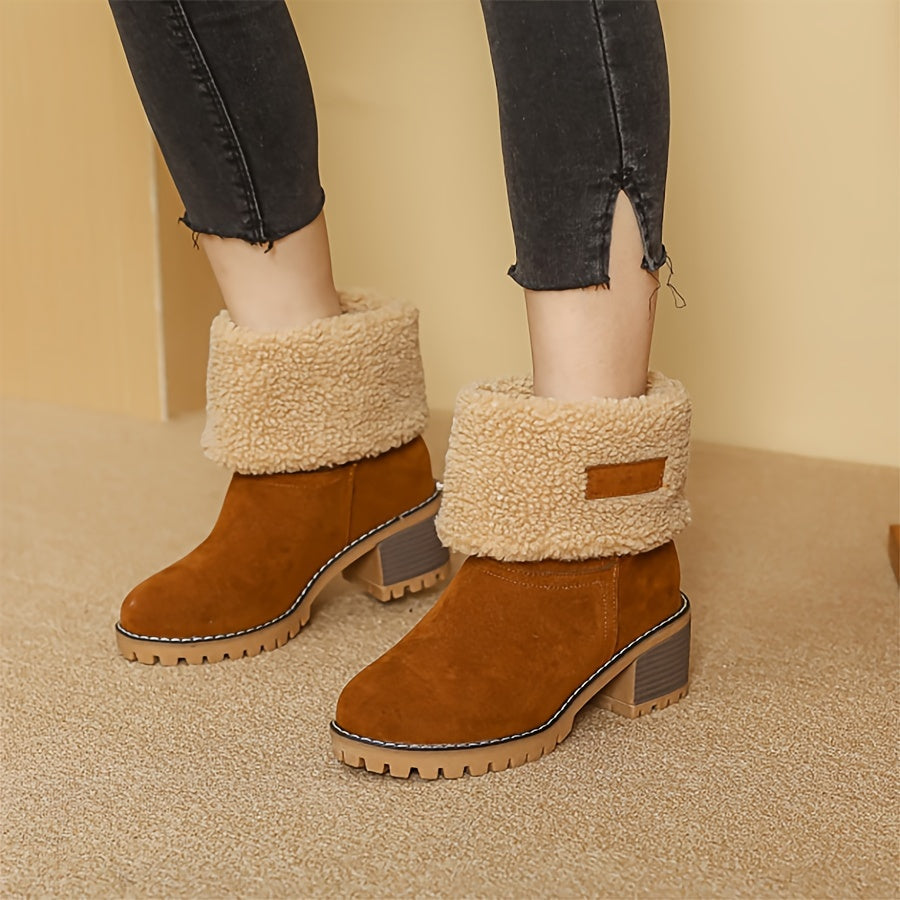 Slip On Ankle Boots with Plush Folded Cuff and Treaded Rubber Sole