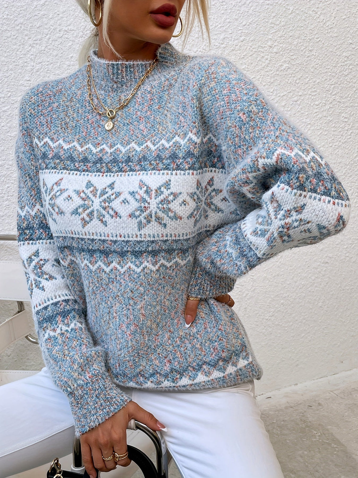 Mock Neck Sweater with Snowflake Knit Pattern and Relaxed Fit