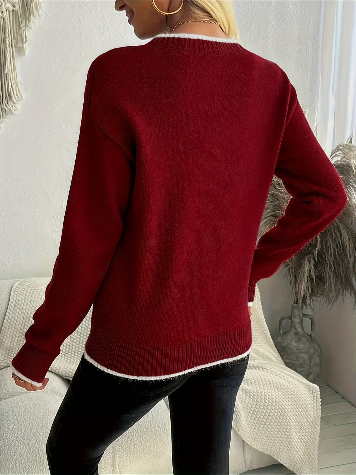 Snowflake Knit Crewneck Sweater with Relaxed Fit and Full Length Sleeves