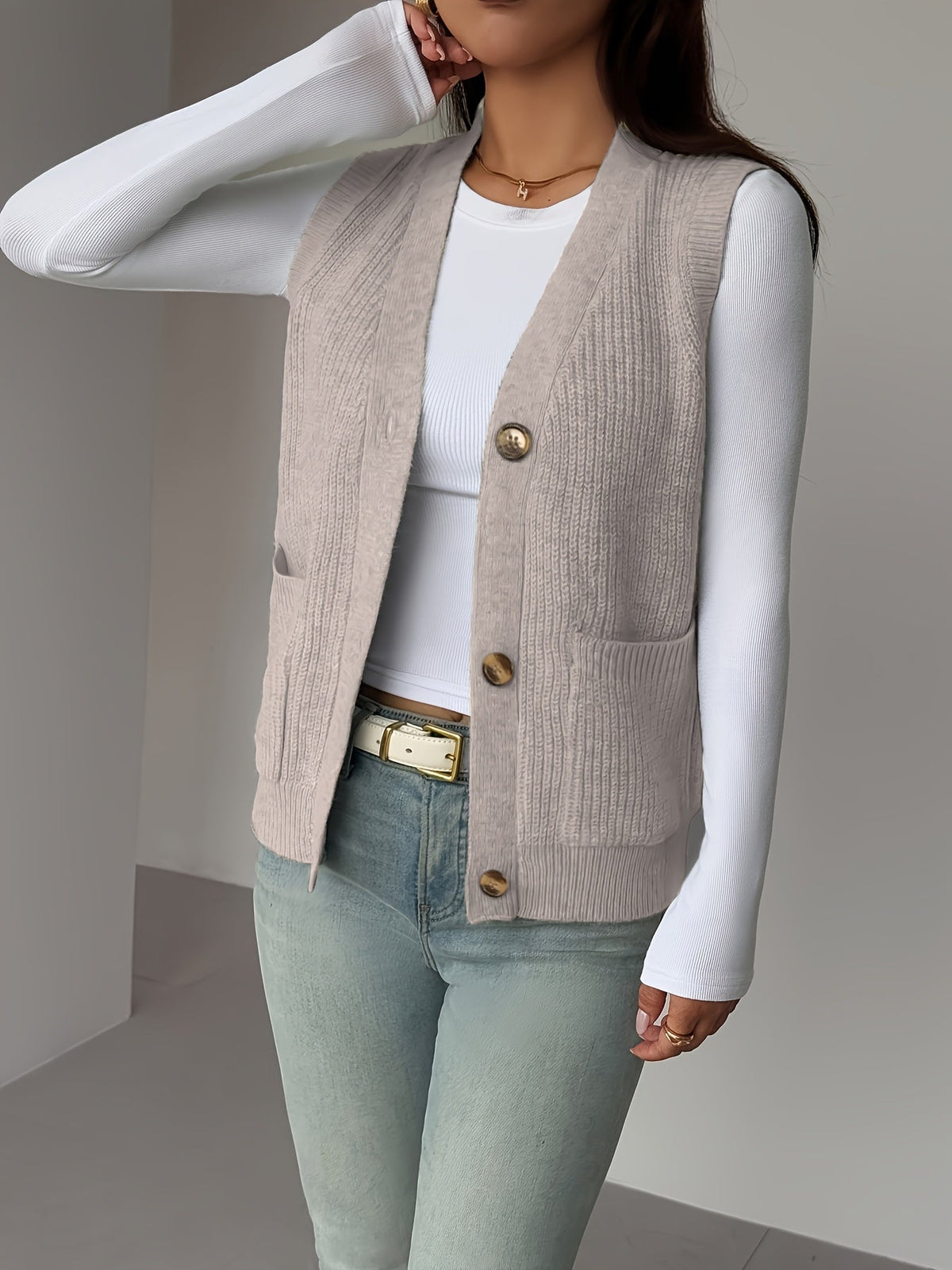 Buttoned V-Neck Knit Vest with Front Pockets and Relaxed Fit