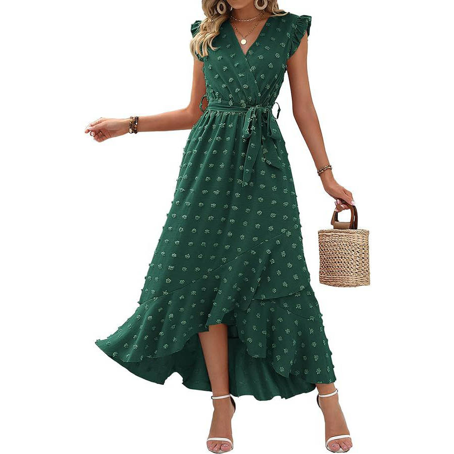 Women's Boho Maxi Dress, Swiss Dot Cap Sleeve Beach Wedding and Cocktail Dress