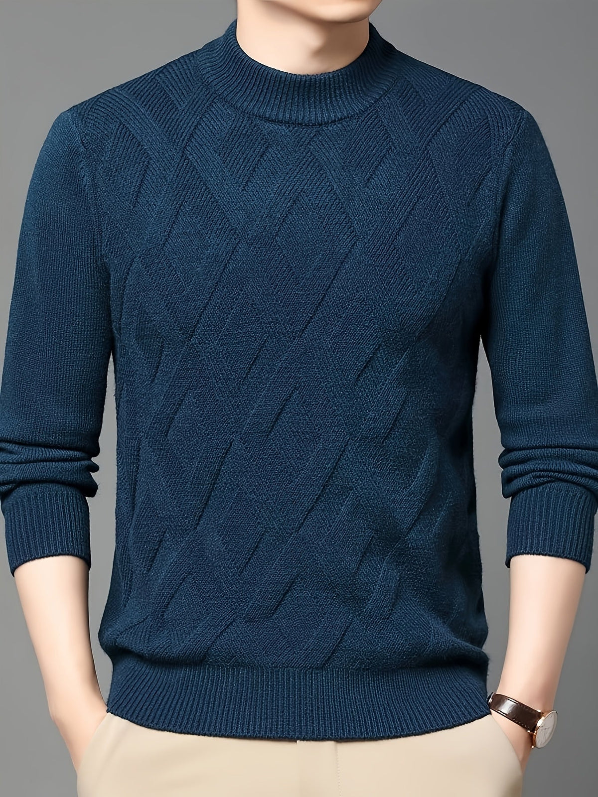 Mock Neck Sweater with Diagonal Knit Texture and Ribbed Collar