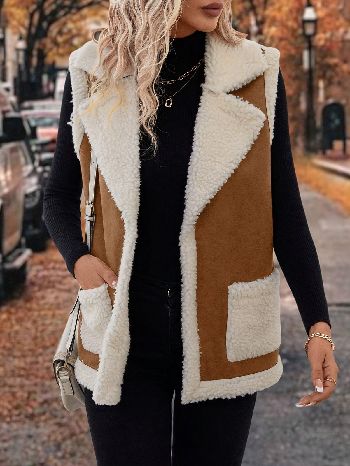 Sleeveless Vest with Lapel Collar and Plush Lining