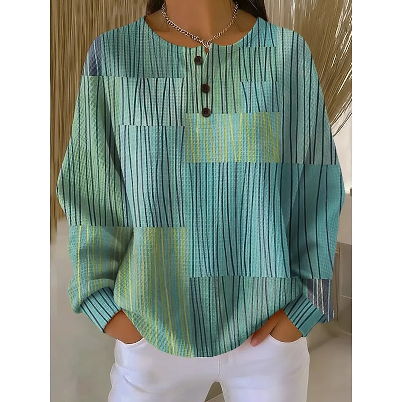 Crew Neck Pullover with Textured Knit and Artistic Print Button Placket