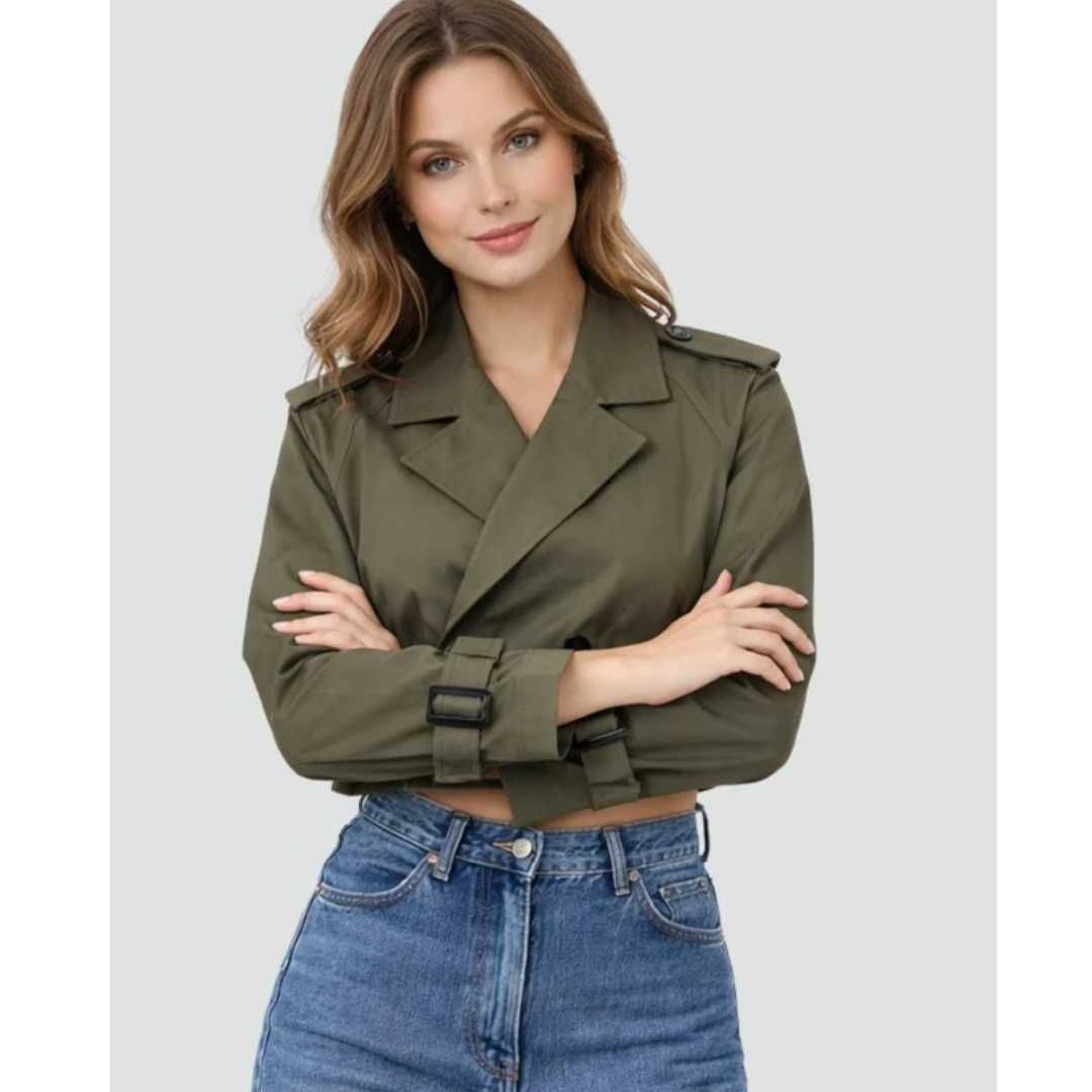 Womens Belted Trench Coat with Double Breasted Closure and Adjustable Waist Tie