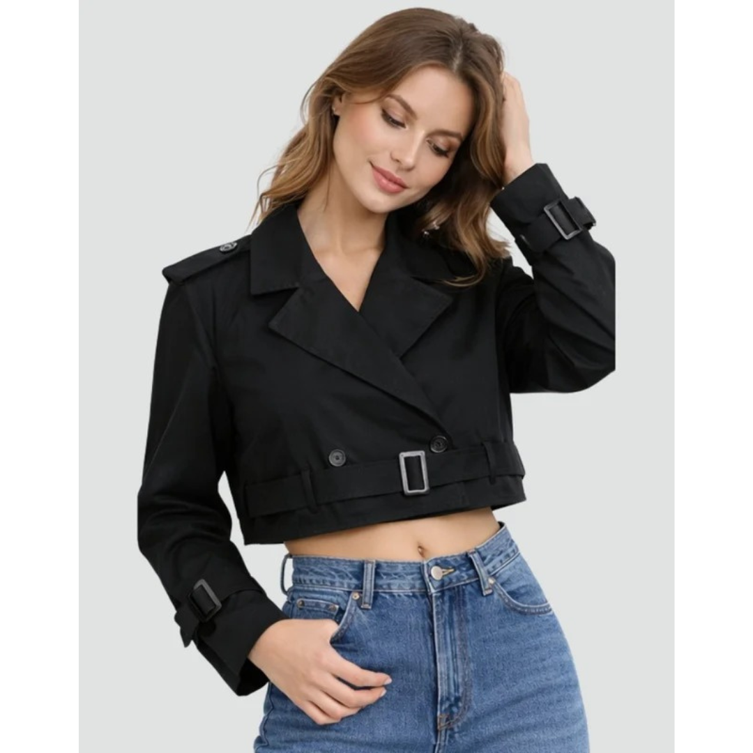 Womens Belted Trench Coat with Double Breasted Closure and Adjustable Waist Tie