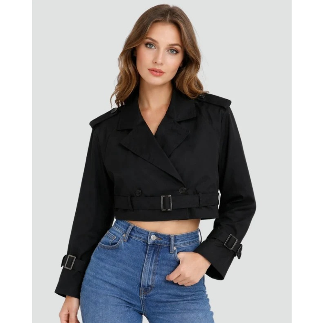 Womens Belted Trench Coat with Double Breasted Closure and Adjustable Waist Tie