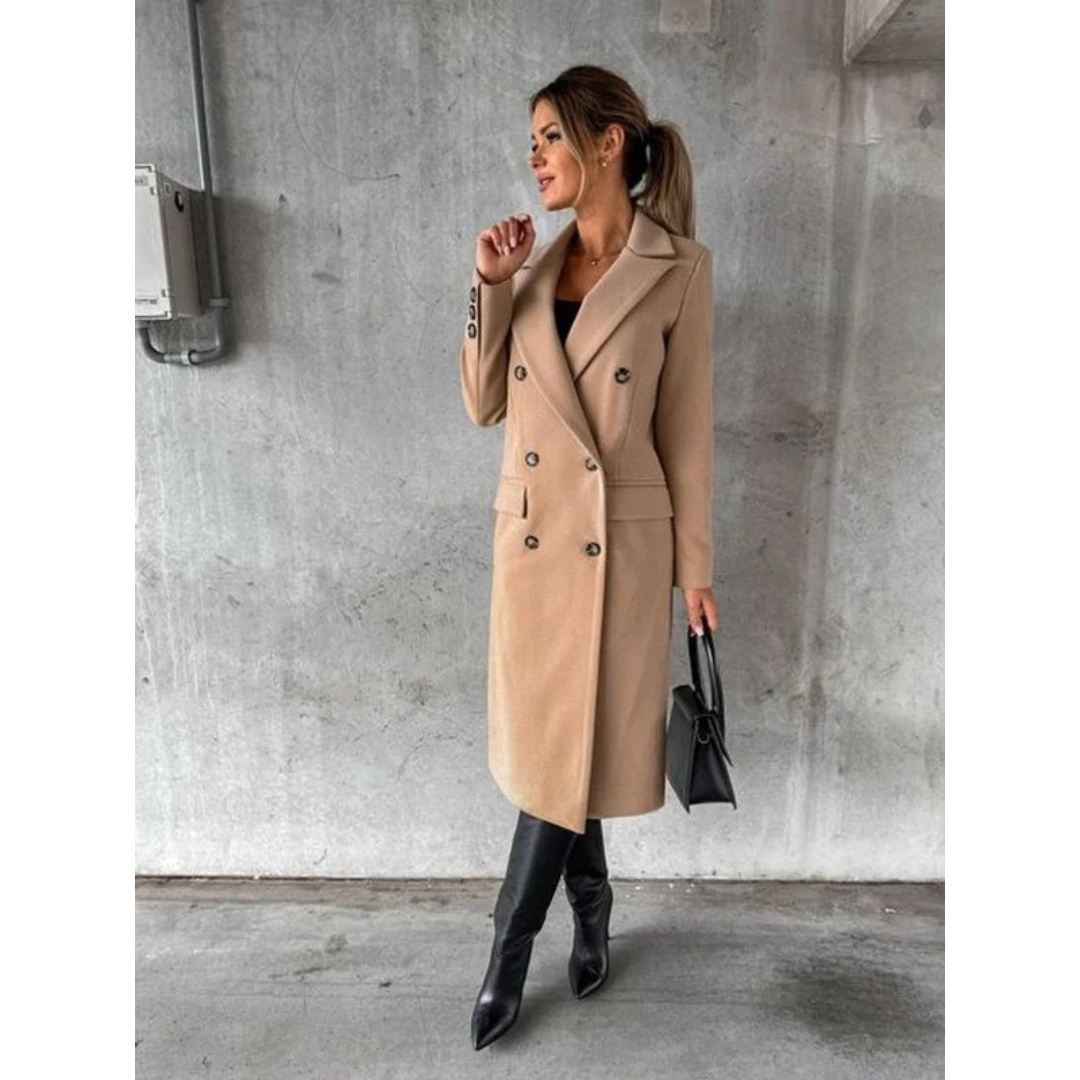 Womens Long Trench Coat with Double Breasted Closure and Extended Length Cut
