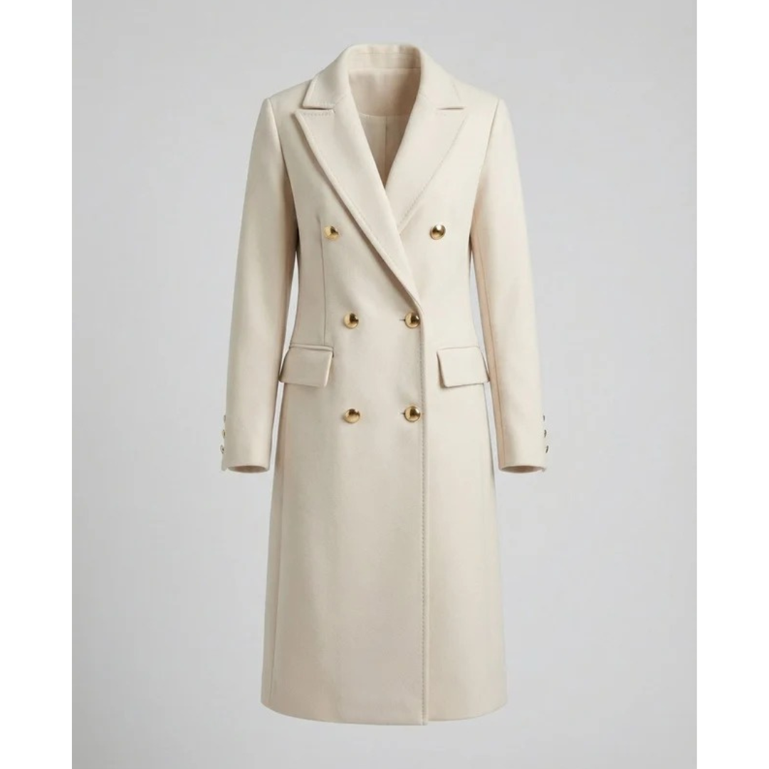Womens Long Trench Coat with Double Breasted Closure and Extended Length Cut