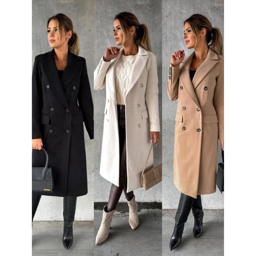 Womens Long Trench Coat with Double Breasted Closure and Extended Length Cut