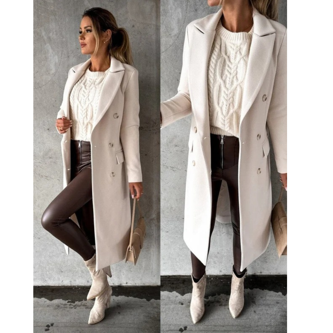 Womens Long Trench Coat with Double Breasted Closure and Extended Length Cut