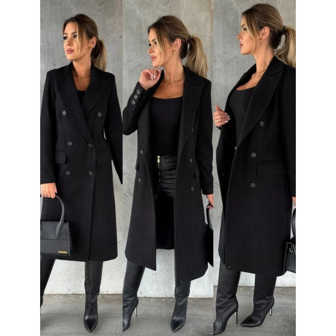 Womens Long Trench Coat with Double Breasted Closure and Extended Length Cut