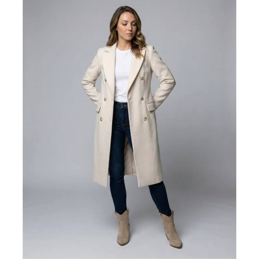 Womens Long Trench Coat with Double Breasted Closure and Extended Length Cut
