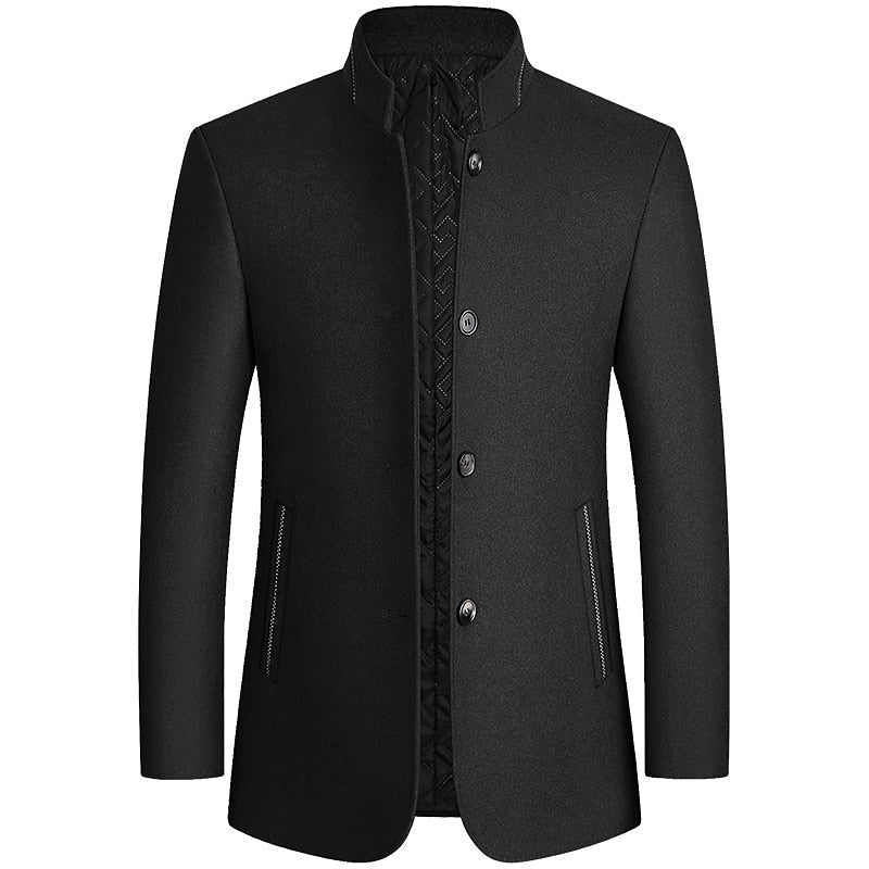 Tailored Overcoat with Stand Collar and Button Front, Hip-Length Coverage