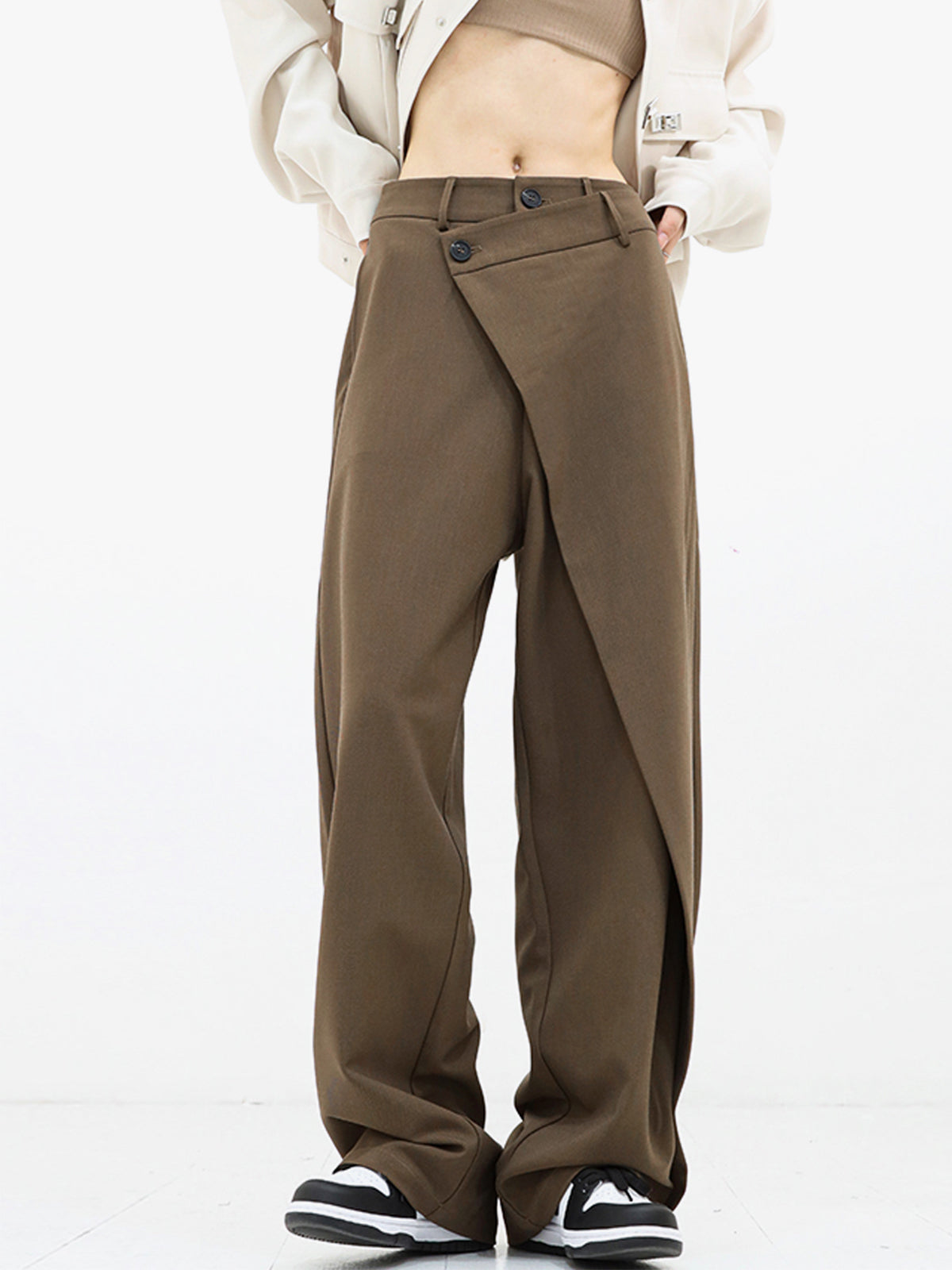 Wide Leg Pants with Asymmetrical Hemline and Shift Fit Design