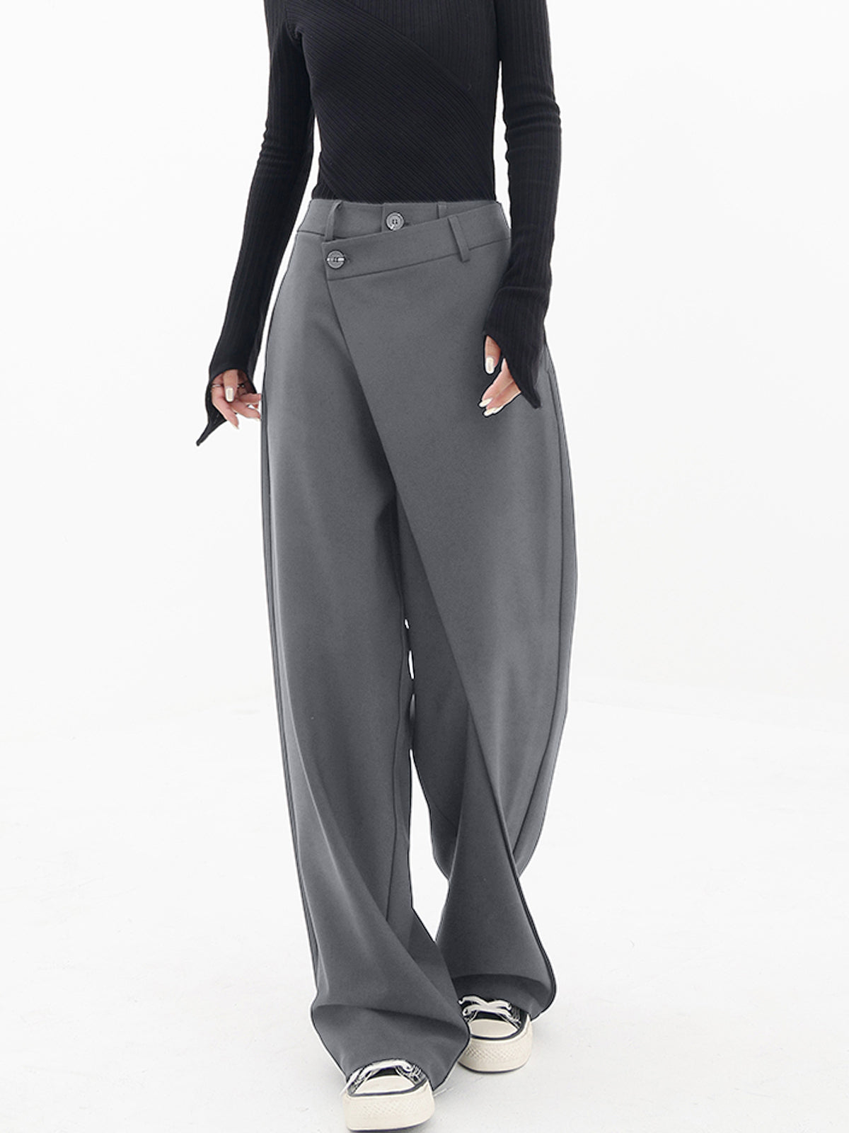 Wide Leg Pants with Asymmetrical Hemline and Shift Fit Design