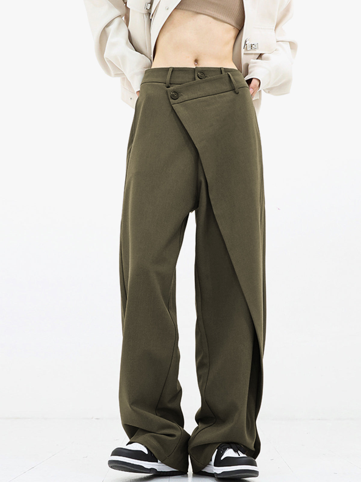 Wide Leg Pants with Asymmetrical Hemline and Shift Fit Design