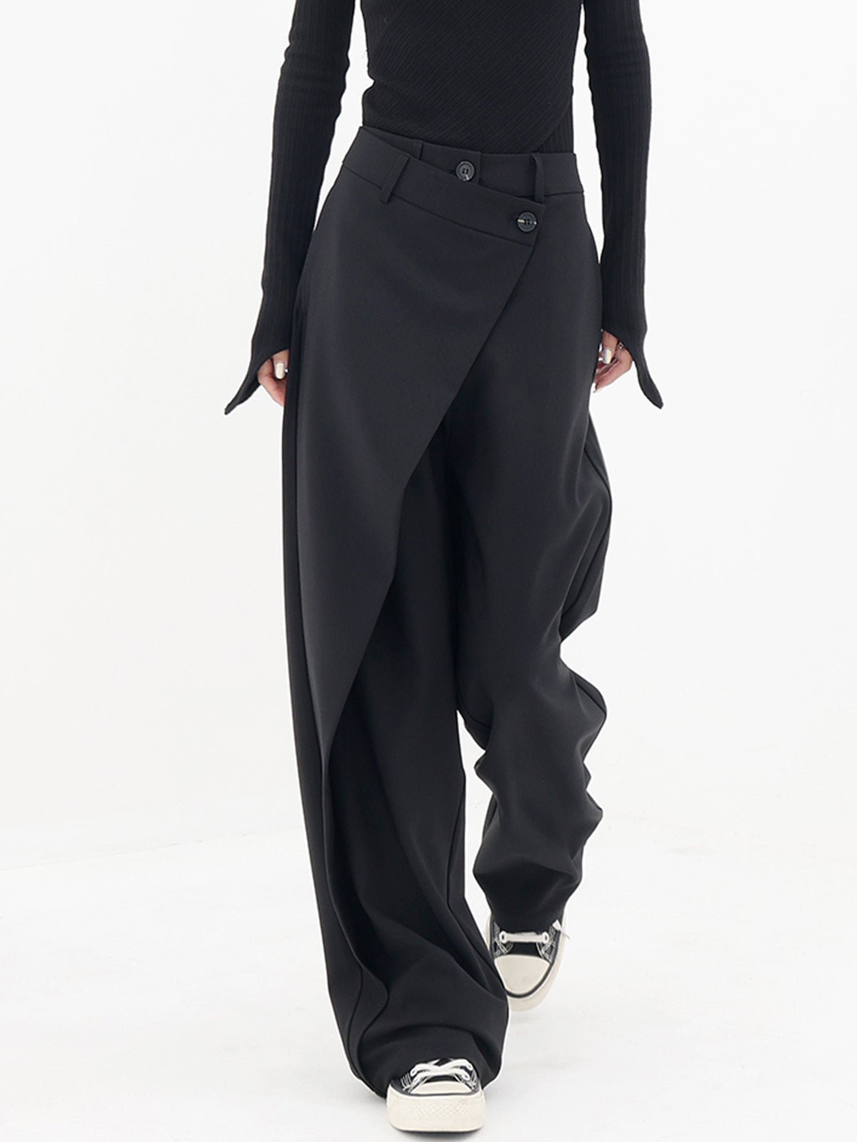 Wide Leg Pants with Asymmetrical Hemline and Shift Fit Design