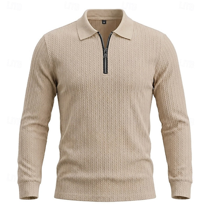 Mens Textured Quarter-Zip Polo Shirt with Long Sleeves and Regular Fit
