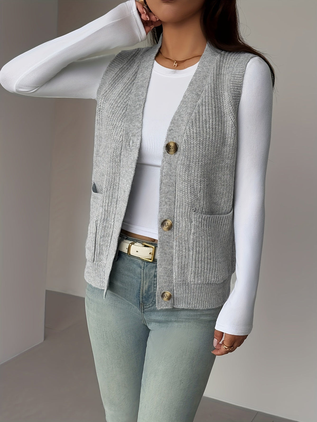 Buttoned V-Neck Knit Vest with Front Pockets and Relaxed Fit