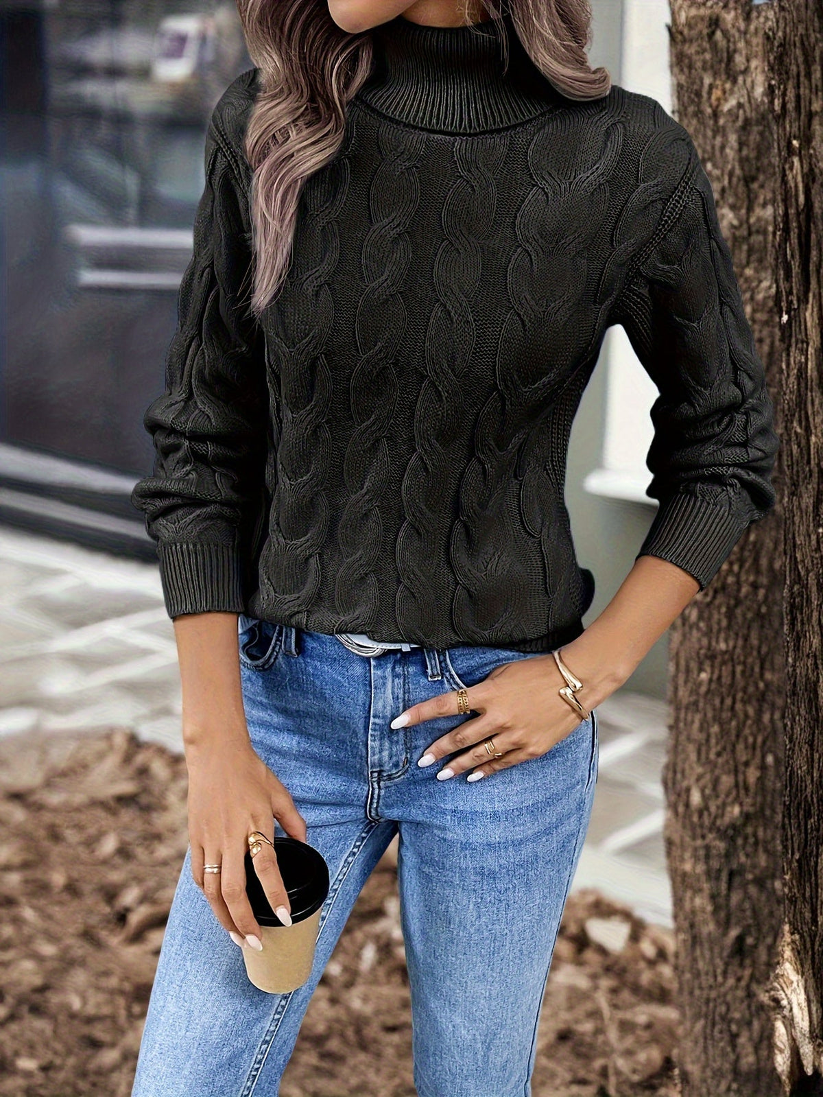 Cable Knit Turtleneck Sweater with Relaxed Fit and High Roll Neck