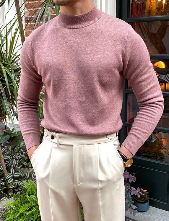 Mock Neck Sweater with Structured Shoulders and Breathable Knit Fabric