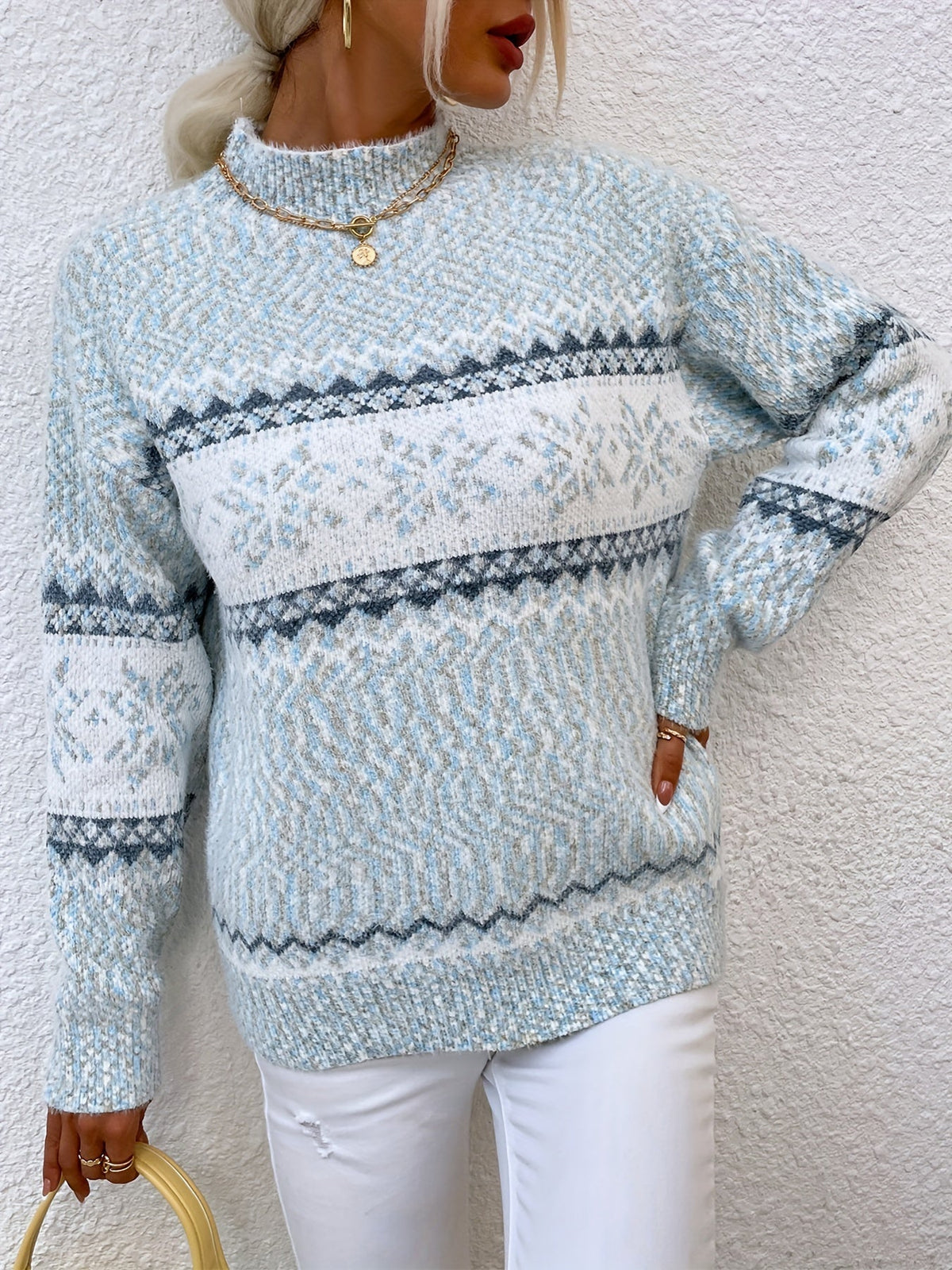 Mock Neck Sweater with Snowflake Knit Pattern and Relaxed Fit