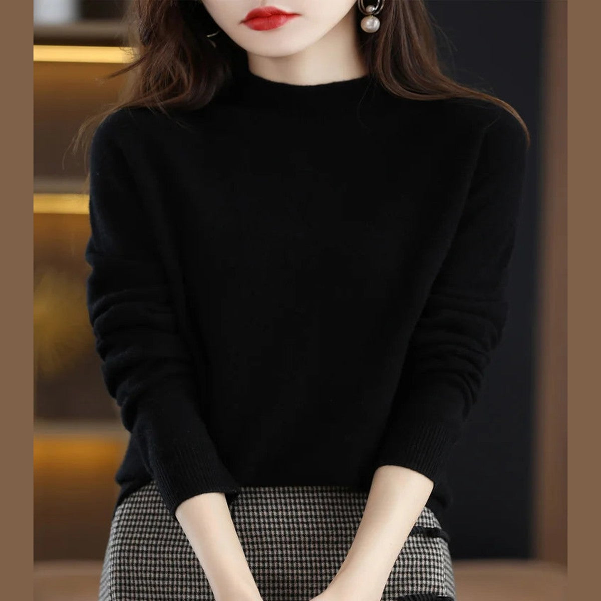 Women Knitted Mock Turtleneck Sweater with Ribbed Hem and Cuffs
