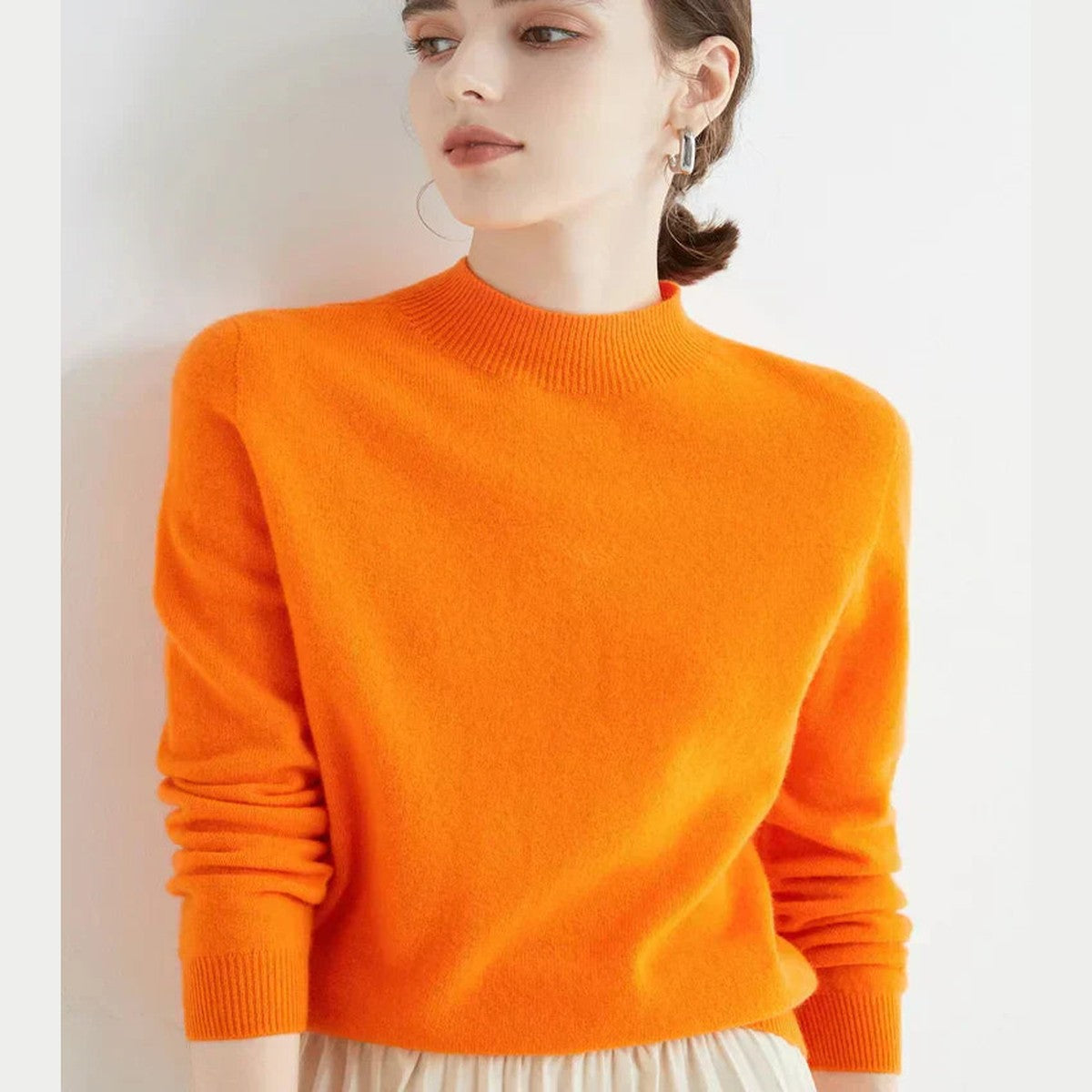 Women Knitted Mock Turtleneck Sweater with Ribbed Hem and Cuffs