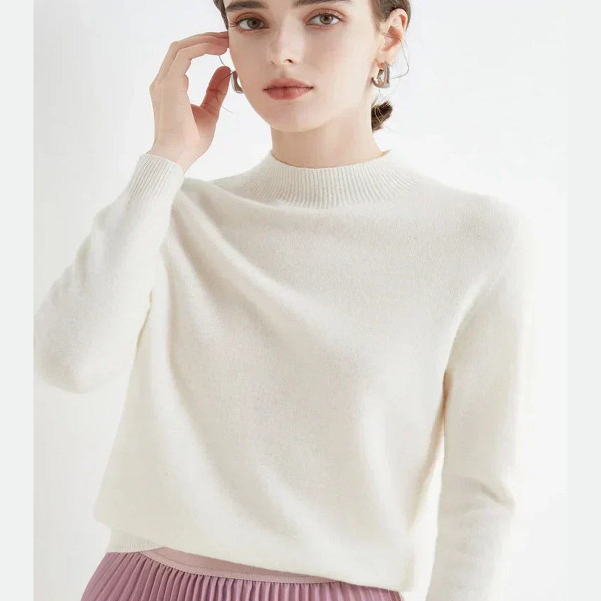 Women Knitted Mock Turtleneck Sweater with Ribbed Hem and Cuffs