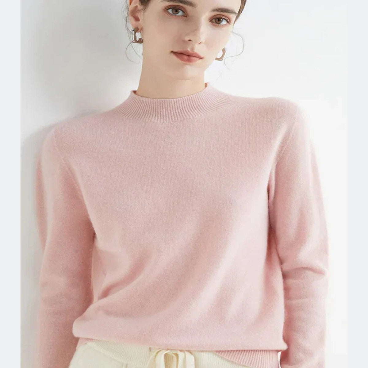 Women Knitted Mock Turtleneck Sweater with Ribbed Hem and Cuffs