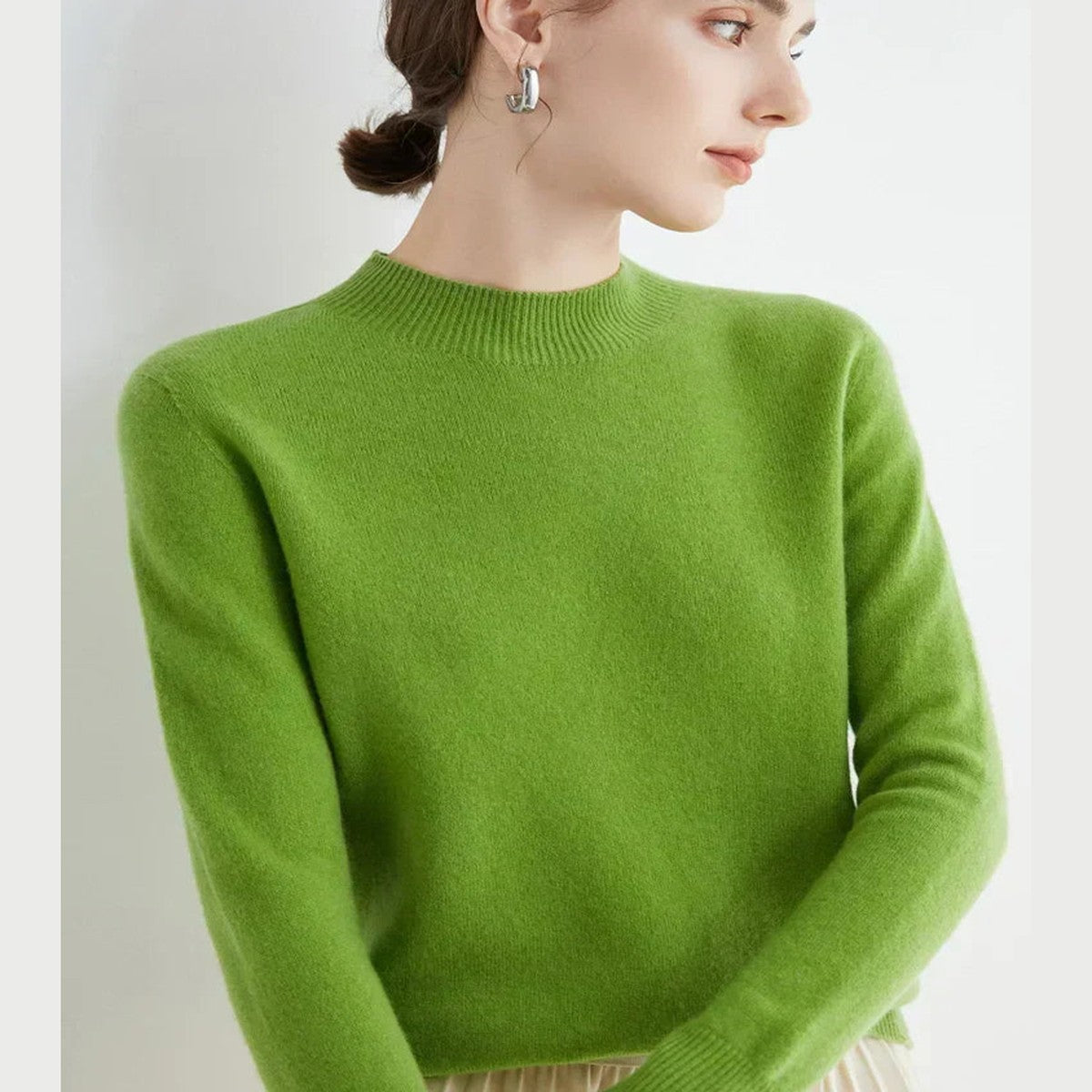 Women Knitted Mock Turtleneck Sweater with Ribbed Hem and Cuffs