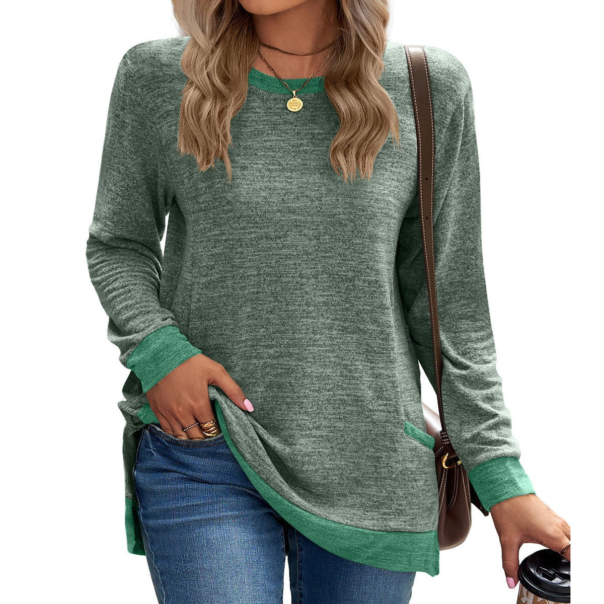 Women Crewneck Knit Sweater Tunic with Front Patch Pockets and Button Detail
