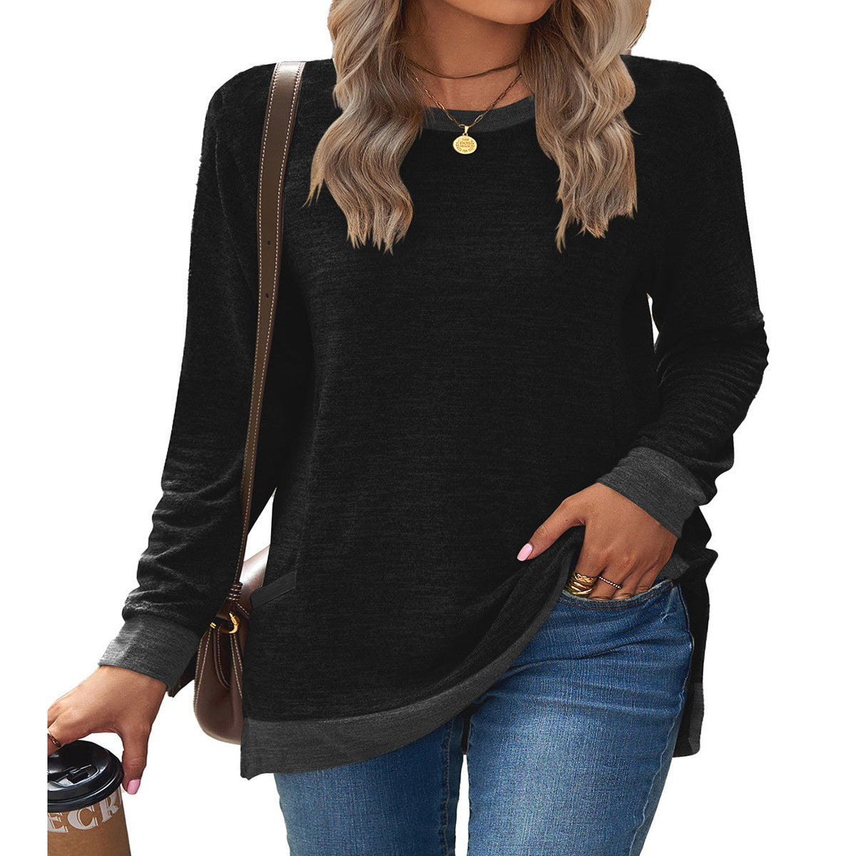 Women Crewneck Knit Sweater Tunic with Front Patch Pockets and Button Detail