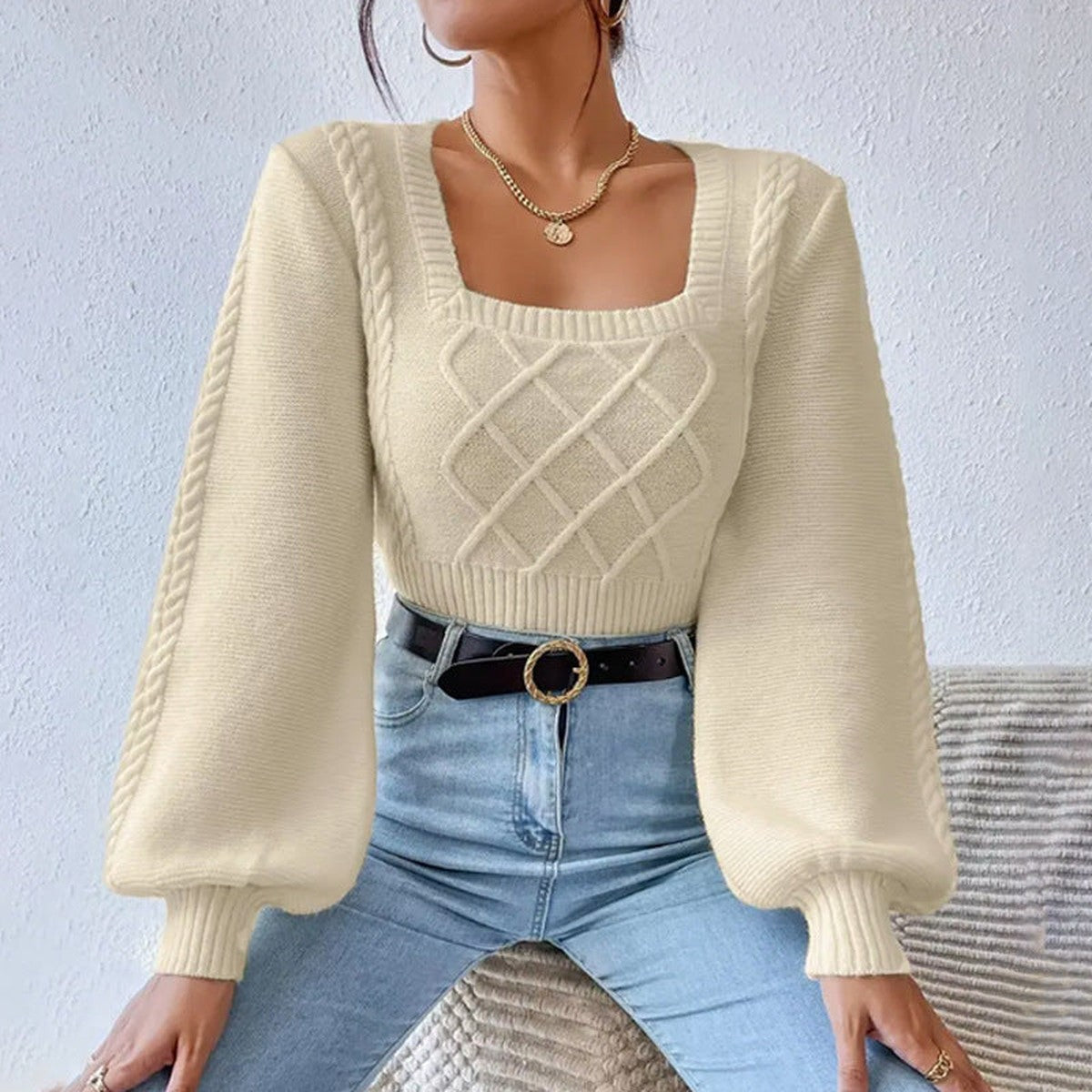 Long Sleeve Square Neck Knit Pullover Sweater with Ribbed Hem