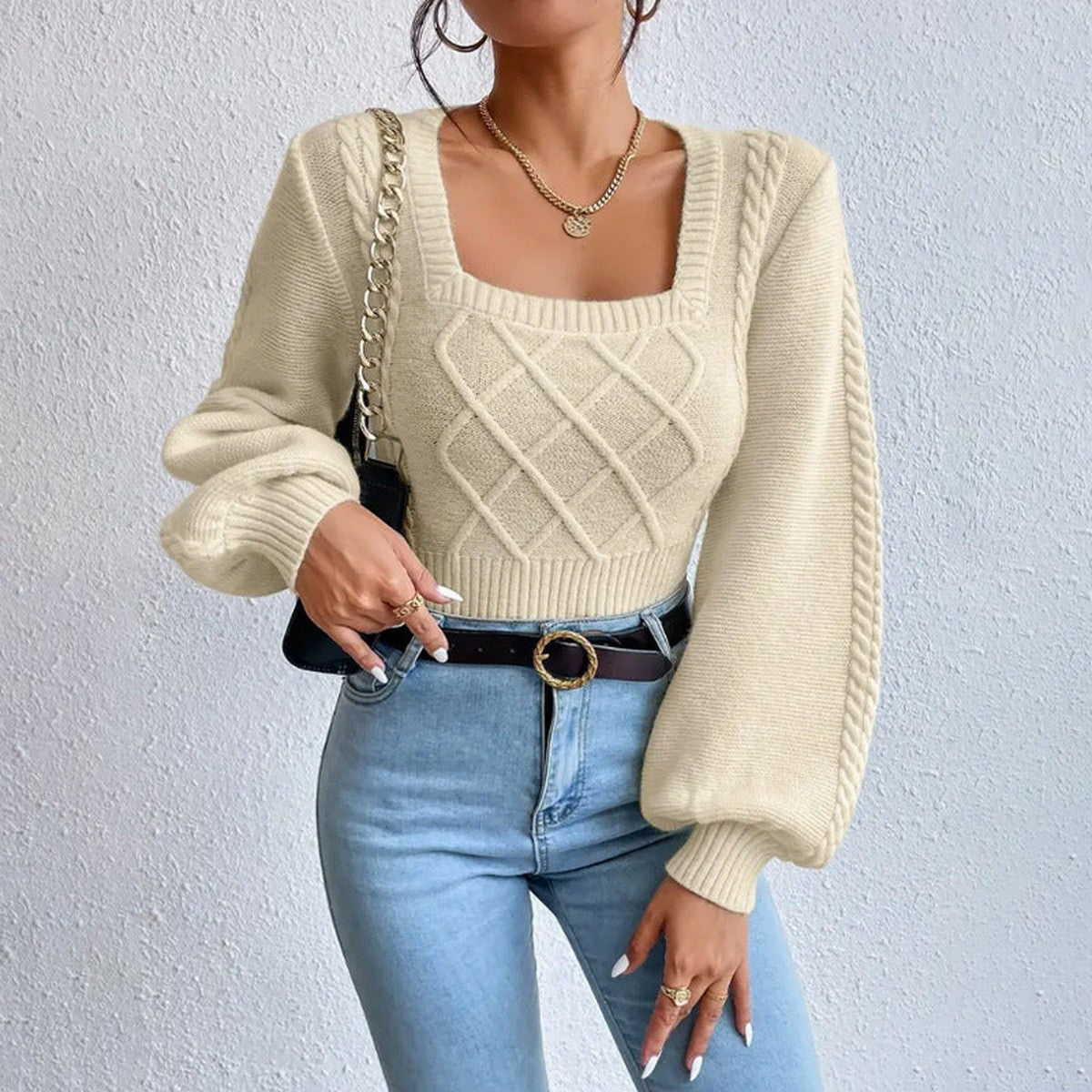 Long Sleeve Square Neck Knit Pullover Sweater with Ribbed Hem