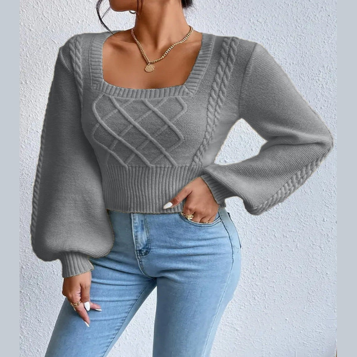 Long Sleeve Square Neck Knit Pullover Sweater with Ribbed Hem