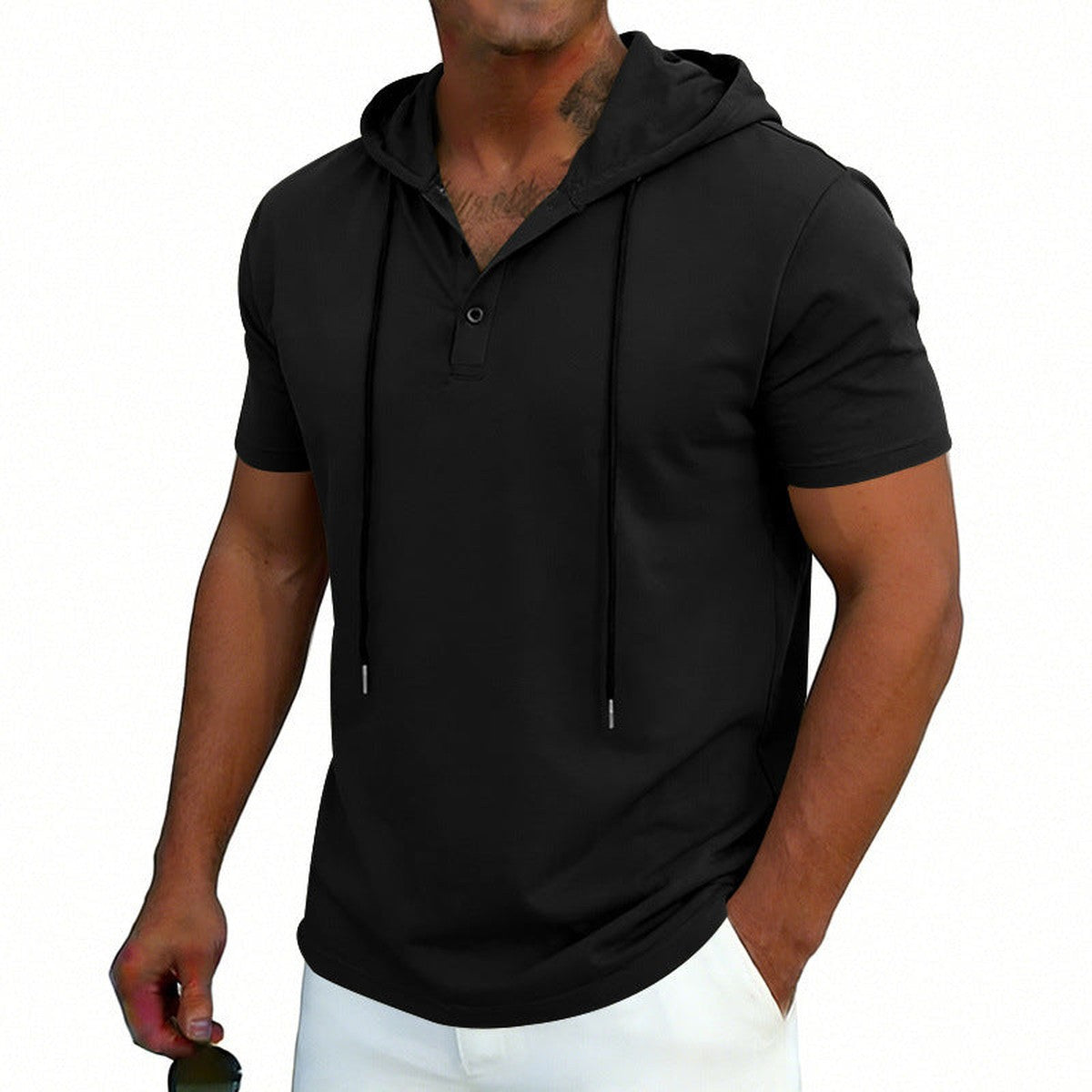 Men Long Sleeve Henley Hoodie Pullover with Button Placket and Drawstring