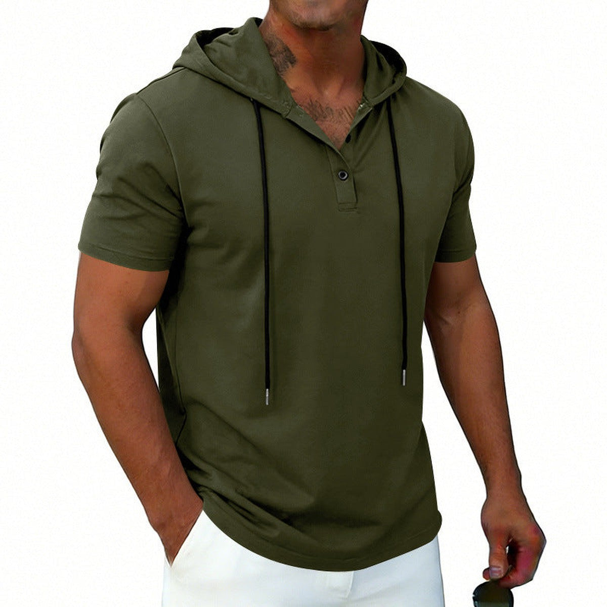 Men Long Sleeve Henley Hoodie Pullover with Button Placket and Drawstring