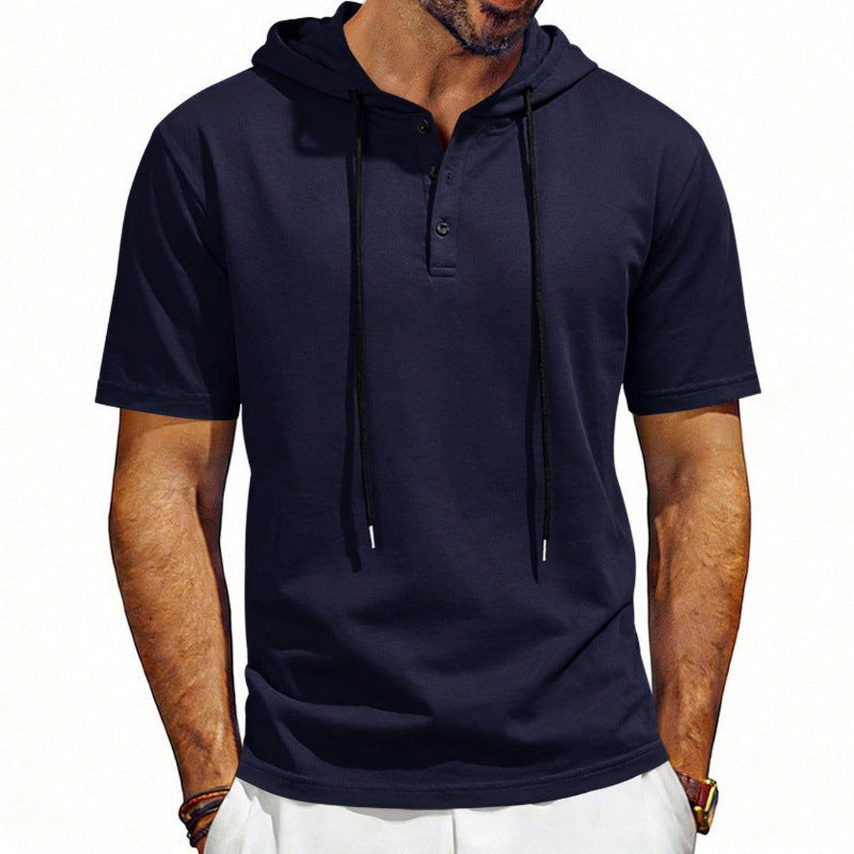 Men Long Sleeve Henley Hoodie Pullover with Button Placket and Drawstring