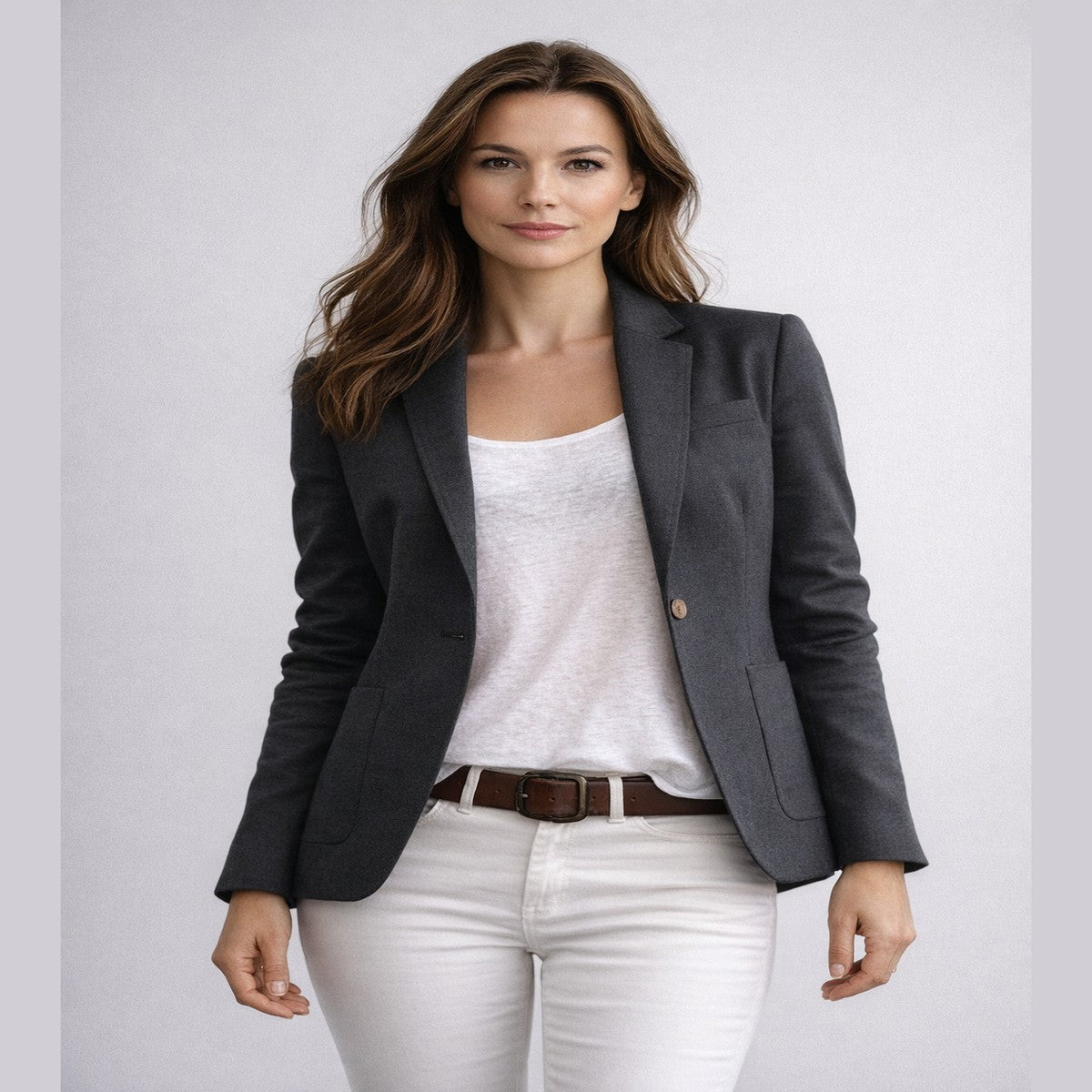 Women Tailored Office Suit Jacket with Single Button and Flap Pockets