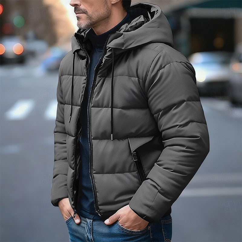 Hooded Puffer Jacket with Quilted Padding and Adjustable Drawstring, Front Pockets