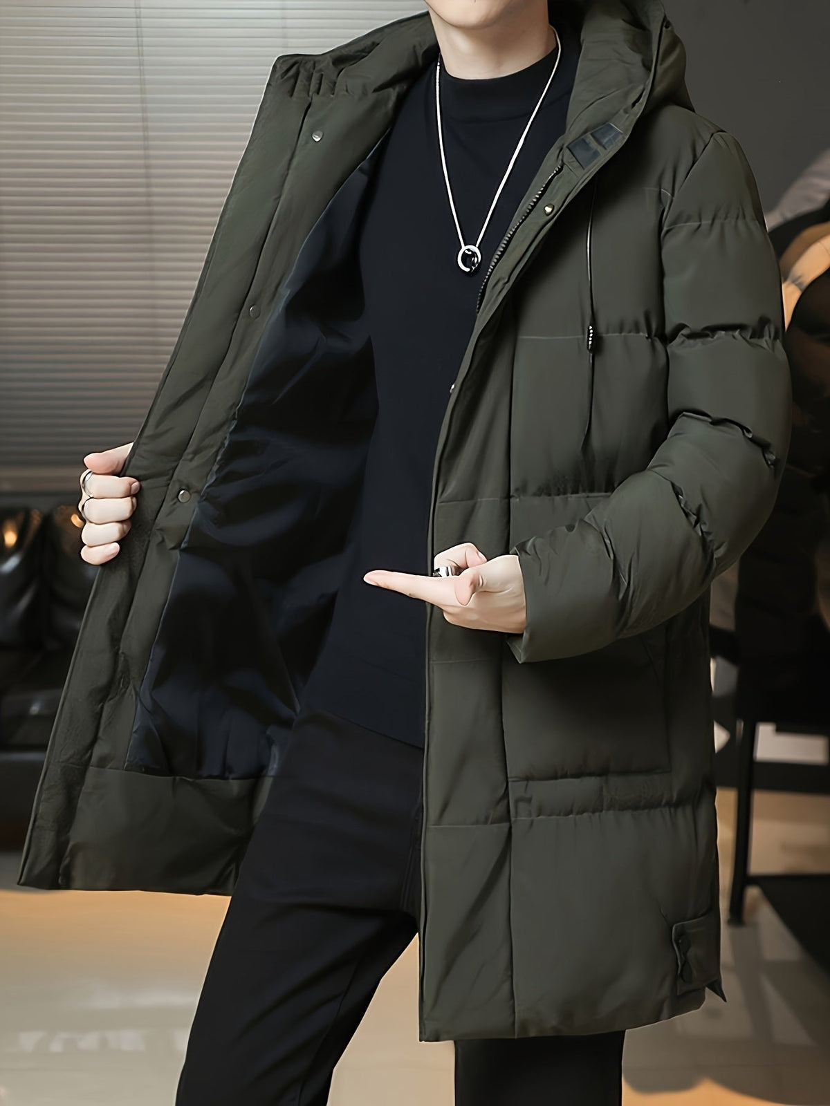 Insulated Longline Hooded Coat with Full-Length Zipper and Adjustable Hood