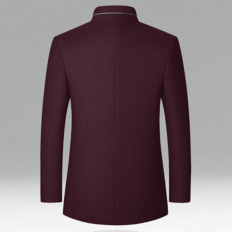 Tailored Overcoat with Stand Collar and Button Front, Hip-Length Coverage