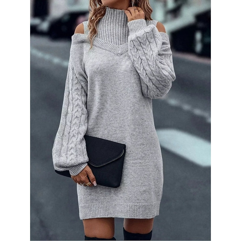 Cold-Shoulder Turtleneck Sweater Dress with Cable Knit Sleeves