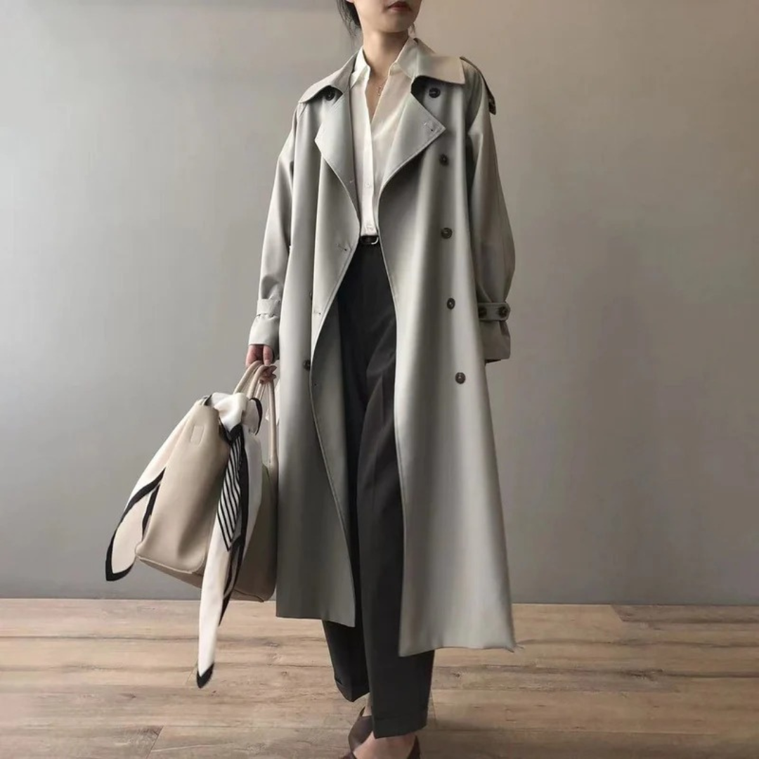 Womens Long Trench Coat with Water Repellent Fabric and Button Closure