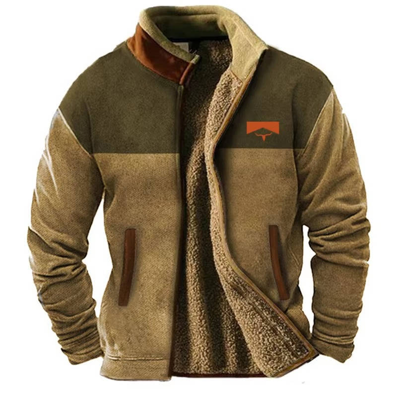 Mens Fleece Jacket with Aztec Geometric Pattern and Stand Collar