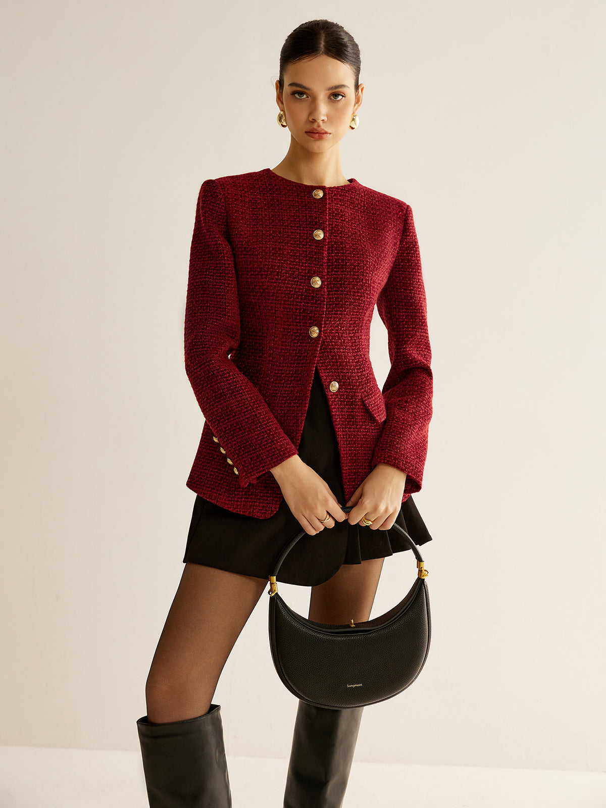 Tweed Blazer with Button Front and Split Detail, Metal Accents